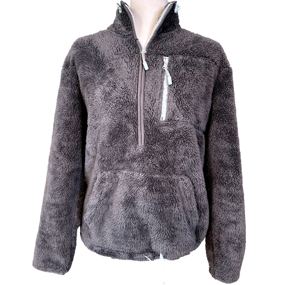 Pink VS Women's Fuzzy Fleece Pullover Gray 1/2 Zip Sweatshirt Cozy Comfy Small